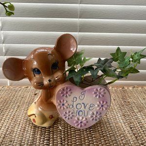 Vintage Ceramic Mouse with I Love You Heart Planter